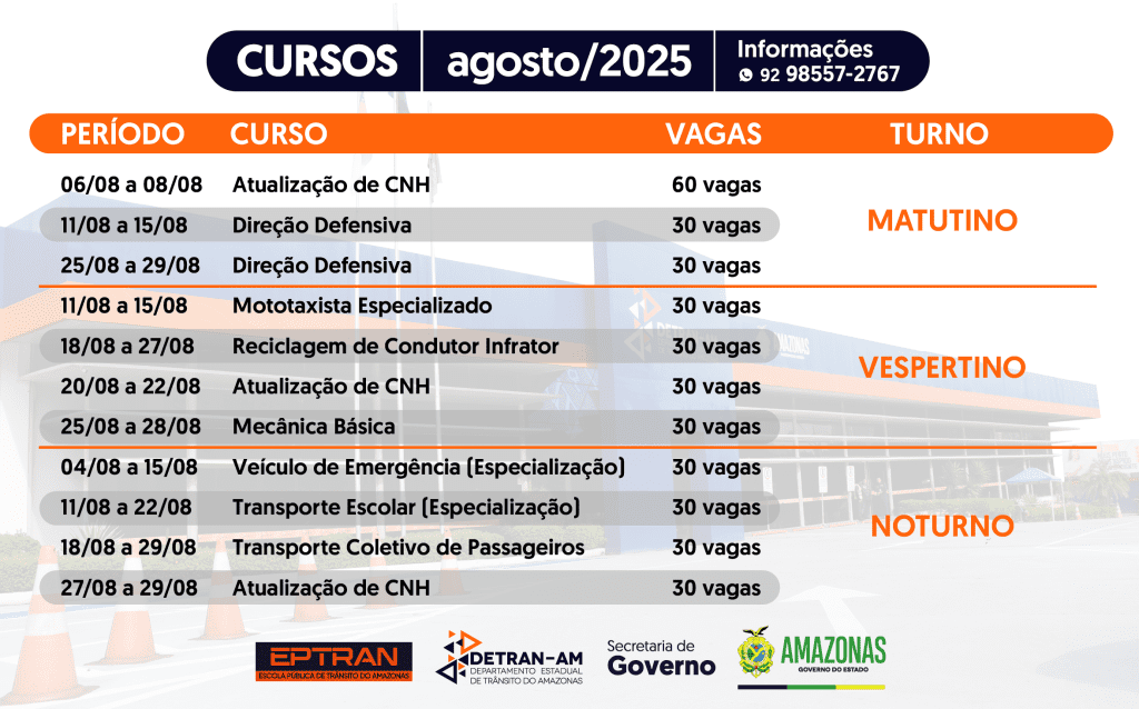 Detran-AM: Escola Pública de Trânsito disponibiliza 360 vagas para cursos gratuitos em agosto Portal Informe Digital Detran AM Cursos EPTRAN CALENDARIO Arte Divulgacao Detran AM 1024x638 1