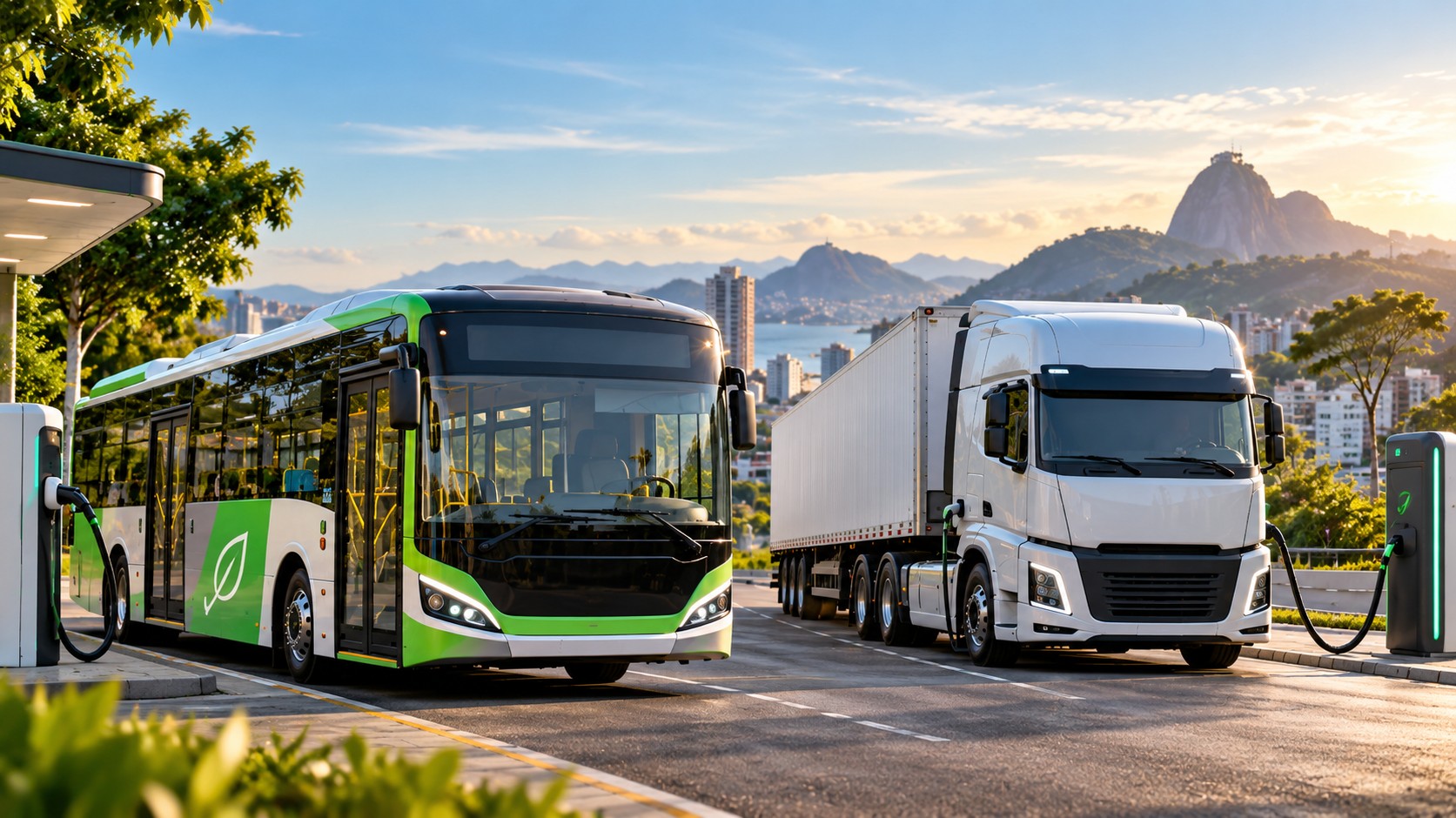 Onibus-e-caminhao-eletricos-ao-por-do-sol